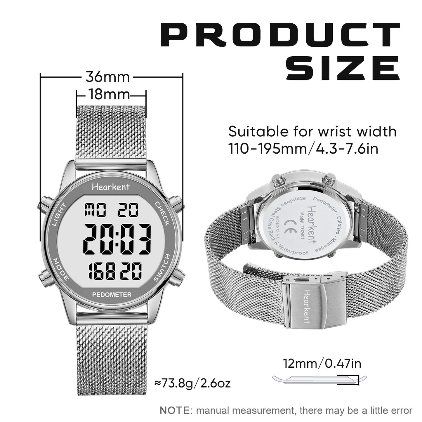 Hearkent Waterproof Pedometer Watch 2401-Steel Tape