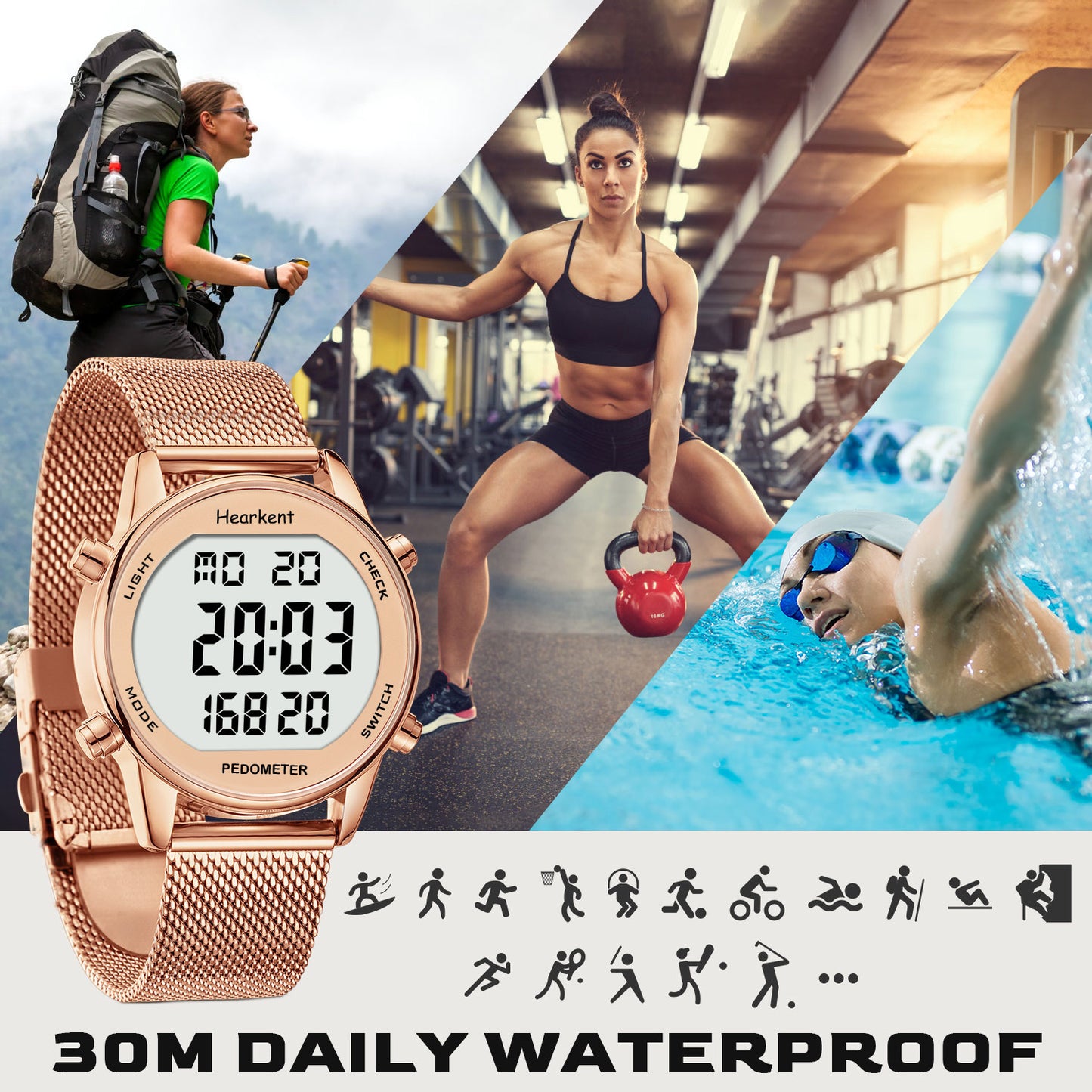 Hearkent Waterproof Pedometer Watch 2401-Steel Tape